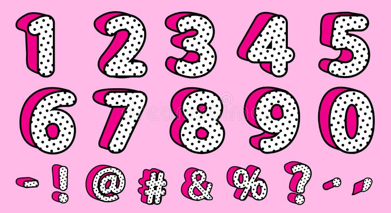 Cute black polka dots 3D set of numbers and signs. Vector LOL girly doll surprise style.