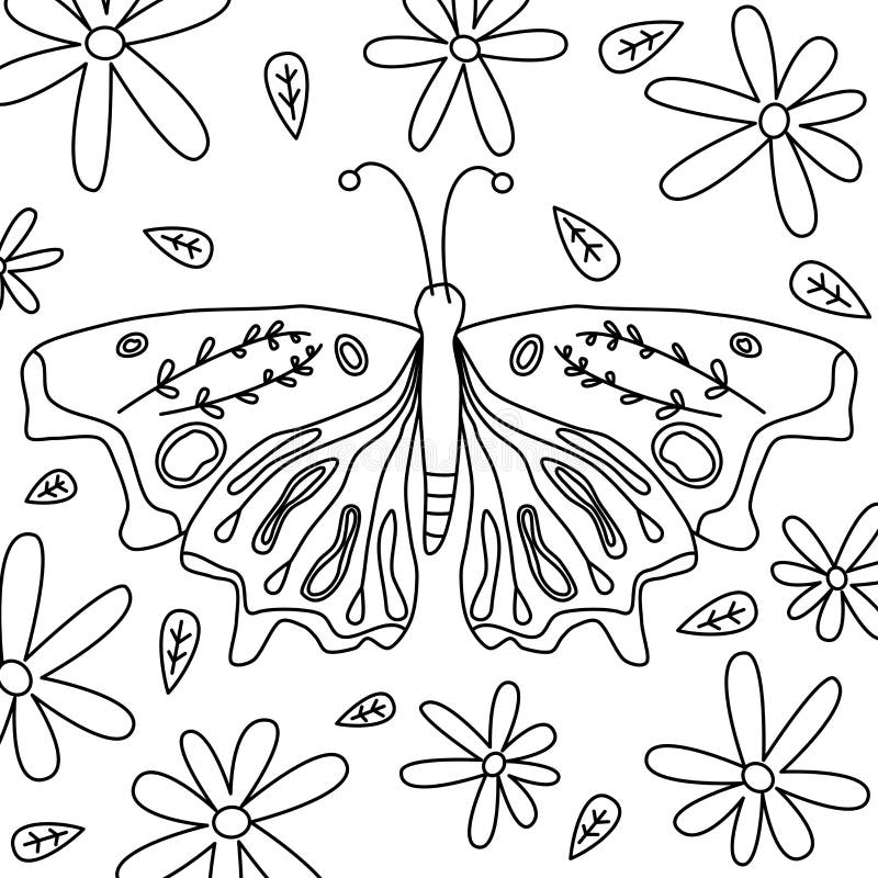 Cute black and white vector art design with butterfly insect, daisy flowers and leaves hand drawn illustration for coloring book