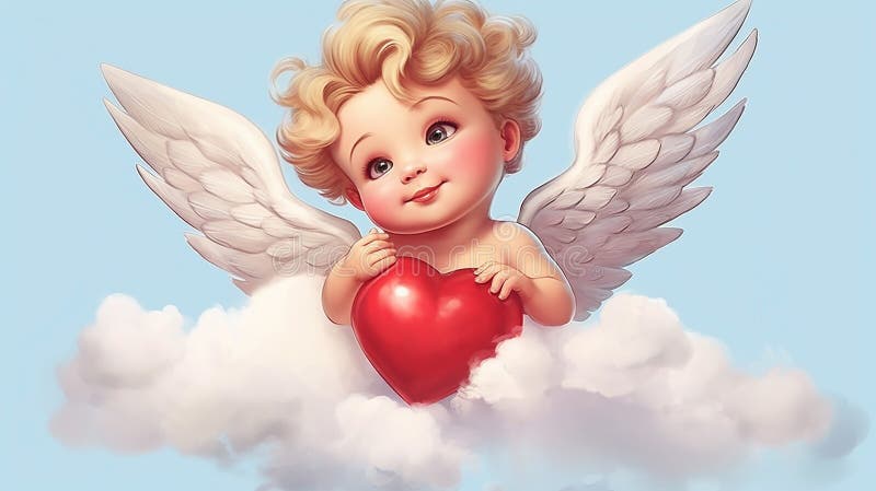 Cute blonde baby cupid with white wings sits in a cloud and holds a red heart