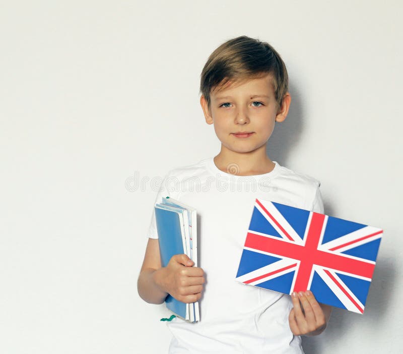 Cute Blonde Boy Posing with British Flag Stock Photo - Image of fashion ...