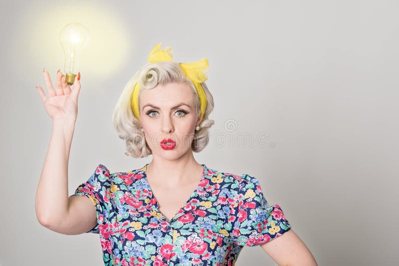 Cute Blonde Retro Girl Holding Glowing Light Bulb Humorous Con Stock