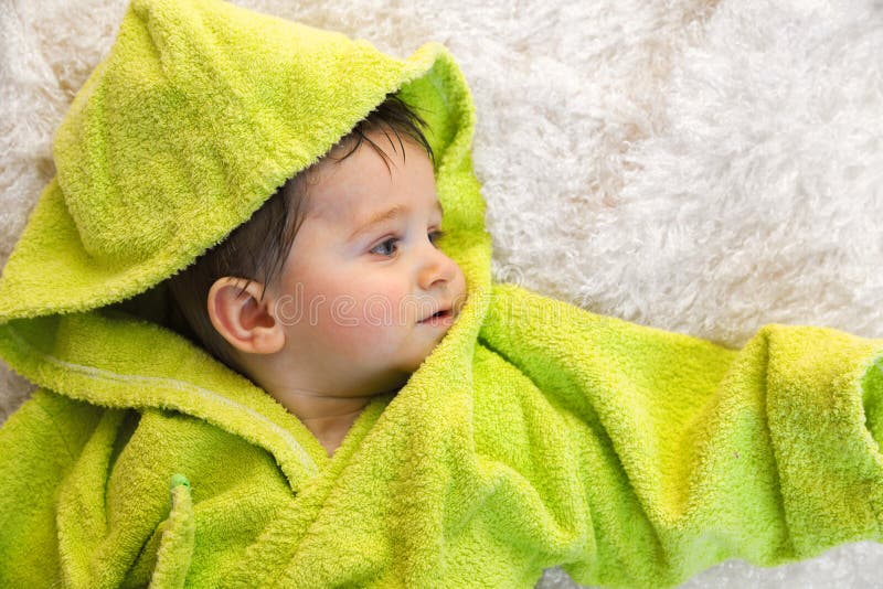 Cute boy in bathrobe stock photo. Image of bath, bathrobe 76481250