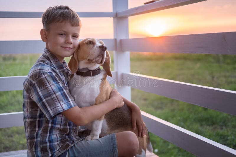 Cute boy and dog Beagle sitting hugging on the veranda royalty free stock photography Cute boy and dog Beagle sitting hugging on the veranda royalty free stock photography