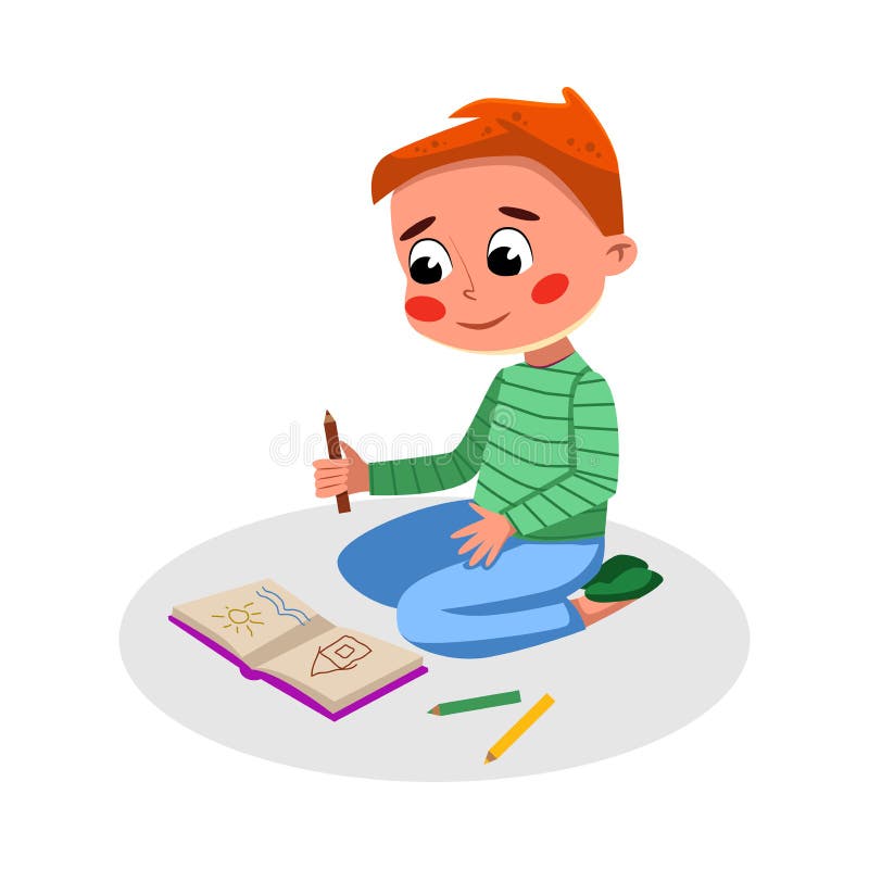 Cute Boy Drawing in Notebook, Kids Good Behavior Cartoon Style Vector Illustration