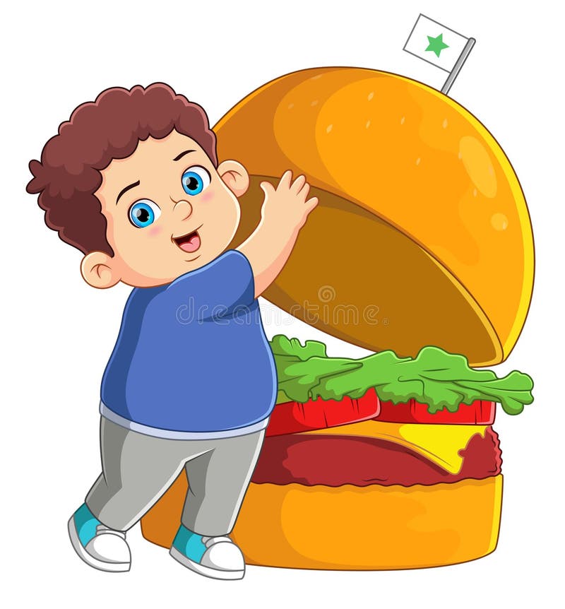 A Cute Boy Eating a Big Burger Stock Vector Illustration of junk