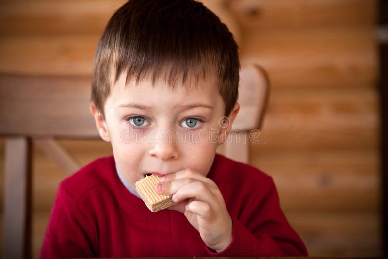 Cute boy is eating wafer stock photo. Image of food, snack 29426124