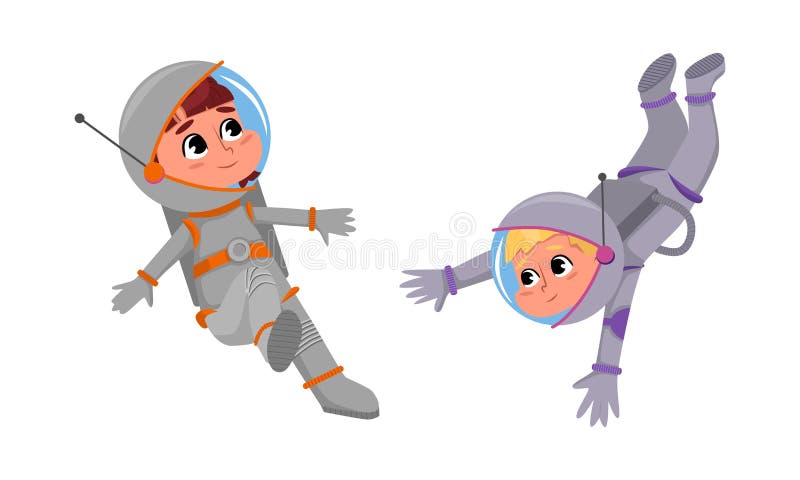 Cute Boy and Girl Astronauts in Space Suits Floating in Outer Space
