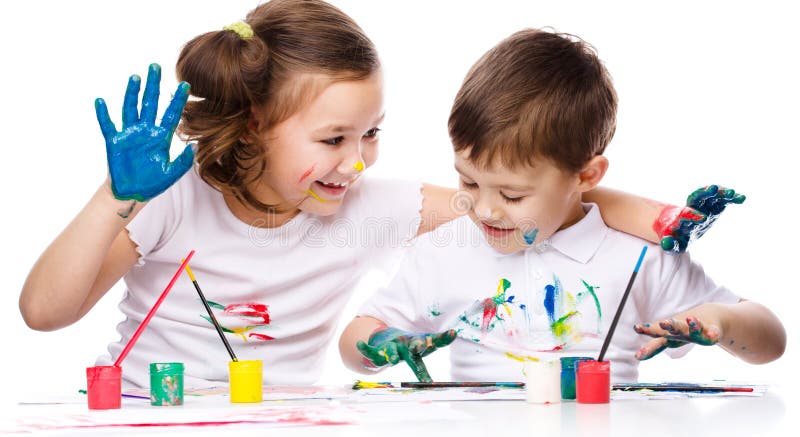 Cute Boy and Girl Playing with Paints Stock Image - Image of colour ...