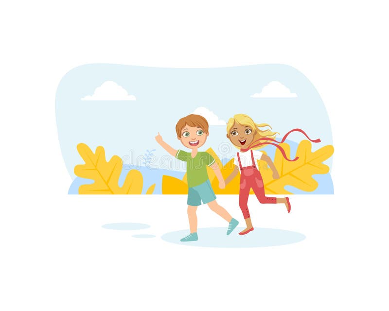 Cute Boy And Girl Running Holding Hands Friendship And Love Between Kids Happy Valentine Day Vector Illustration Stock Vector Illustration Of Autumn Holding