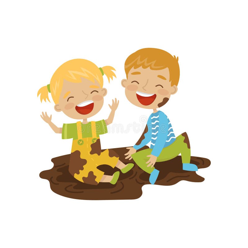 Cute boy and girl sitting in a dirt, hoodlum cheerful kids, bad child behavior vector Illustration isolated on a white background.