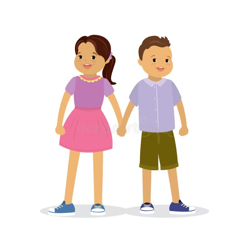 Cute Boy And Girl Stand Holding Hands Kids Characters Stock Vector Illustration Of Front Hairstyle