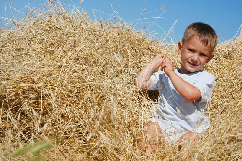 Cute boy in haystack