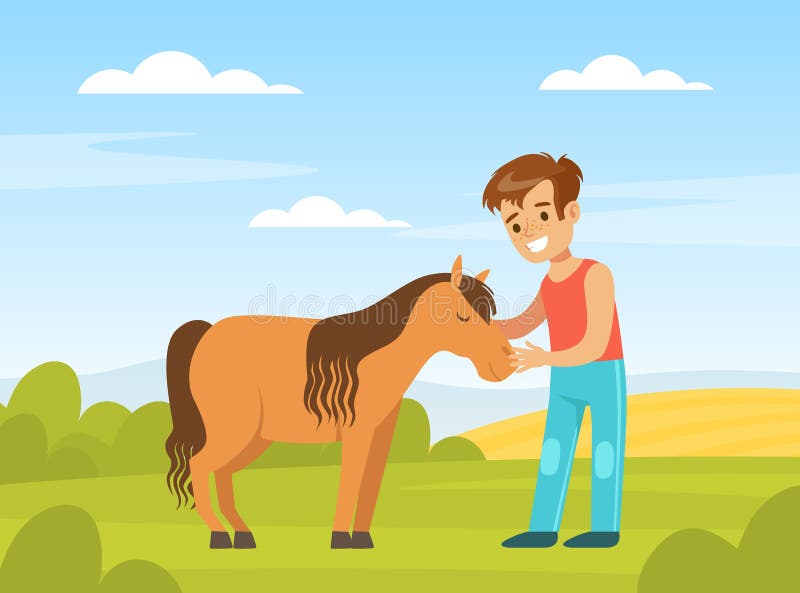 Cute Boy Playing with Pony on Farm Yard, Kid Interacting with Animal in ...