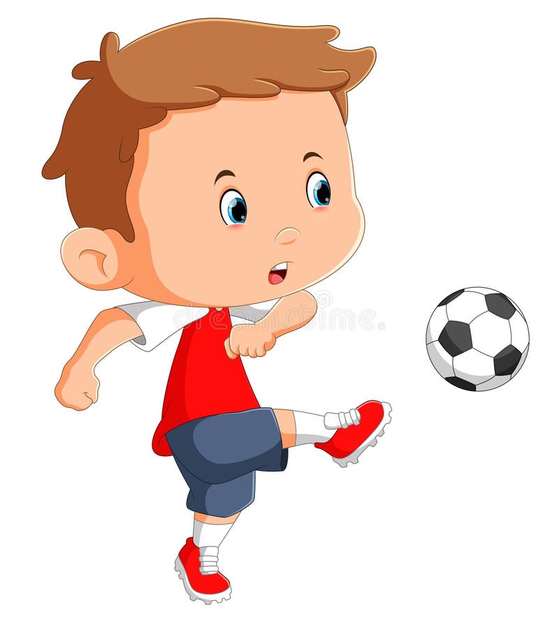 Cute boy playing soccer kicking ball field illustration 252430485