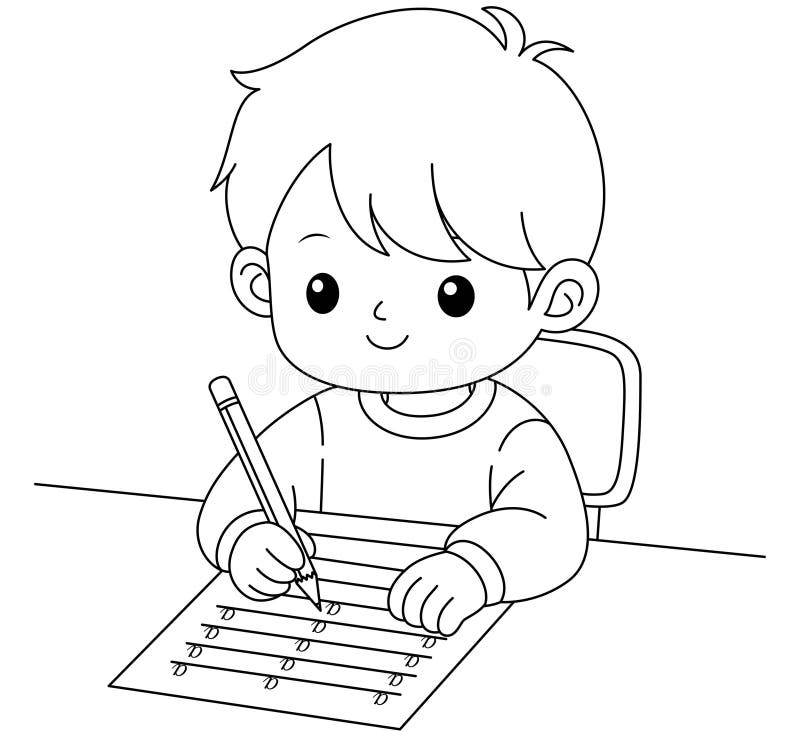 Cute Boy is Practicing Writing Letters Outine Coloring Page Stock