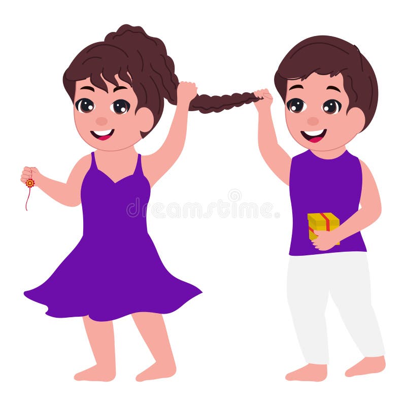 Cute Boy Pulling His Sister Braid on White Stock Illustration