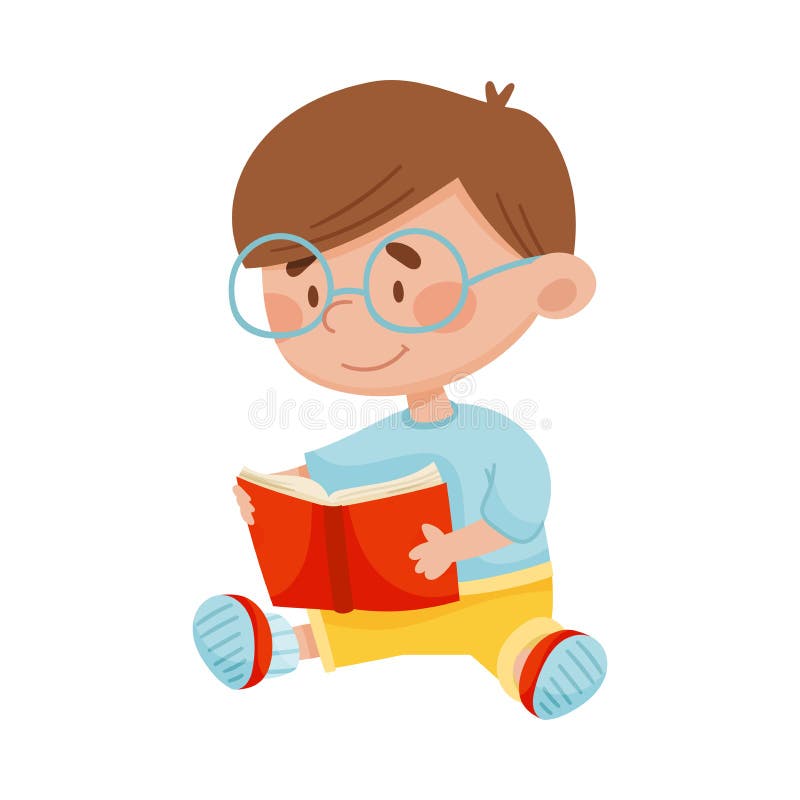 Cute Boy Sitting on the Floor with Open Book and Reading Vector ...