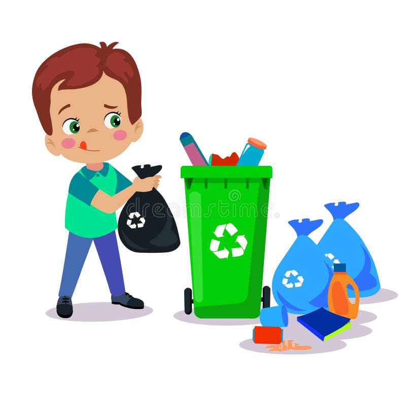 Cute Boy Throwing Trash in Recycle Bin Stock Vector Illustration of