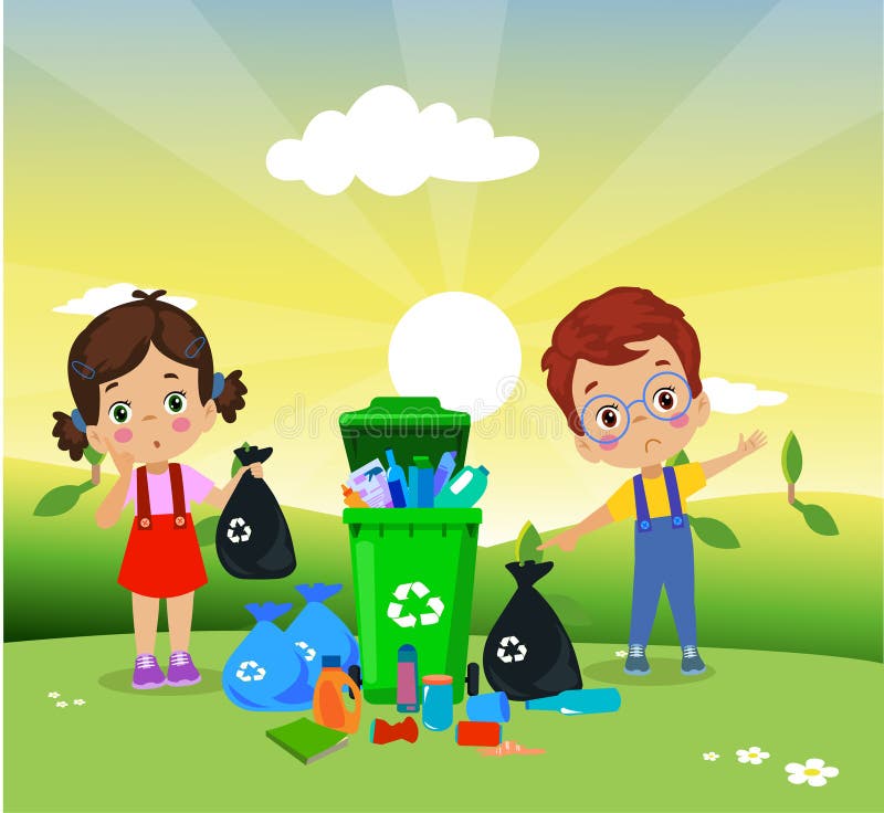 Cute Boy Throwing Trash in Recycle Bin Stock Illustration