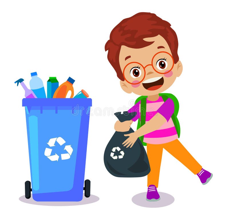 Cute Boy Throwing Trash in Recycle Bin Stock Vector - Illustration of