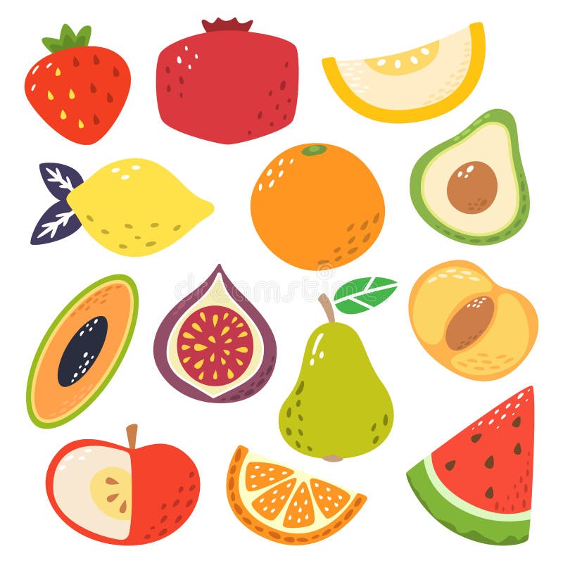 Cute bright colors of fruits vector collections. Set of fruits a strawberry, pomegranate, melon, lemon, orange, avocado royalty free illustration Cute bright colors of fruits vector collections. Set of fruits a strawberry, pomegranate, melon, lemon, orange, avocado royalty free illustration
