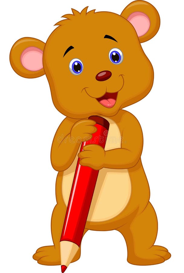 Cute brown bear cartoon holding red pencil vector illustration