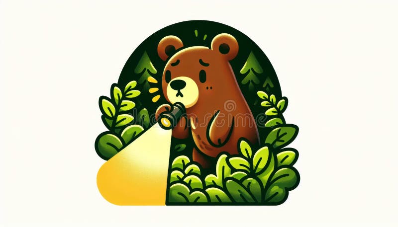 Cute Brown Bear with Flashlight in Dark Forest at Night vector illustration