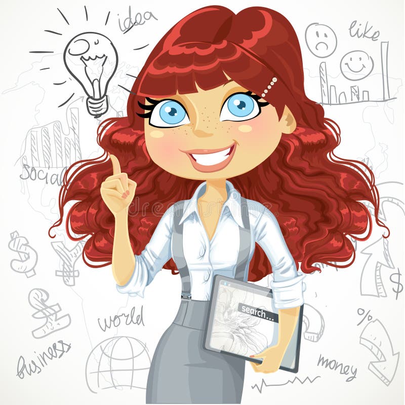 Cute brown curly hair girl with a electronic tablet idea inspiration on a doodle background stock illustration