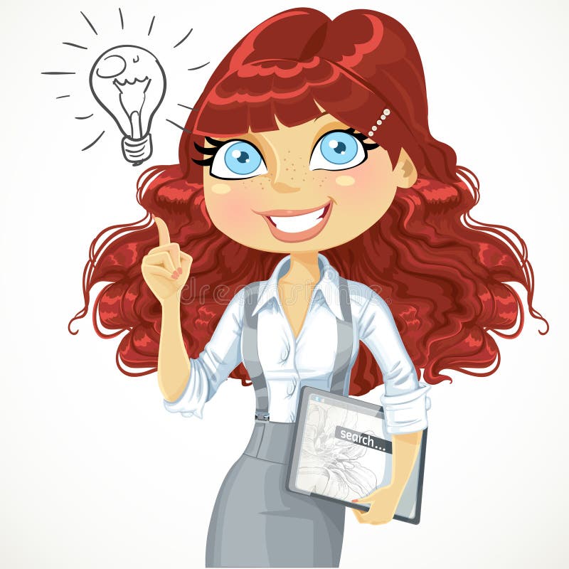 Cute brown curly hair girl with a electronic tablet idea inspiration stock illustration