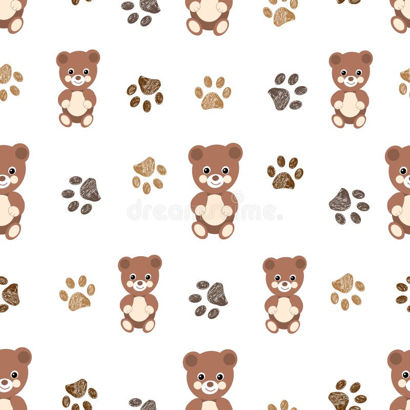 Cute brown teddy bears with foot print. Seamless children pattern