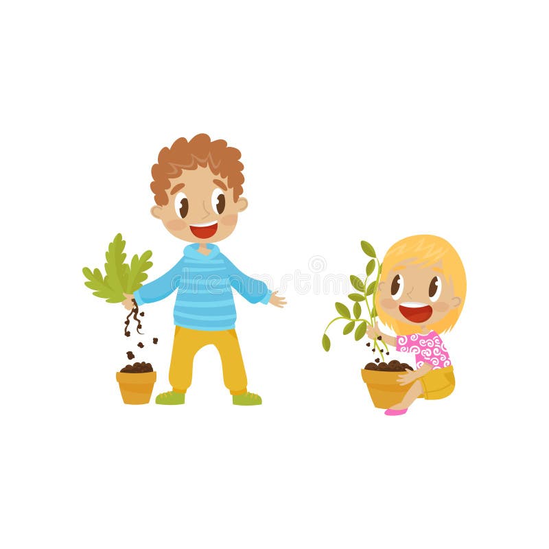 Cute bully boy and girl tearng out house plants from a pot, hoodlum cheerful kids, bad child behavior vector Illustration isolated on a white background.