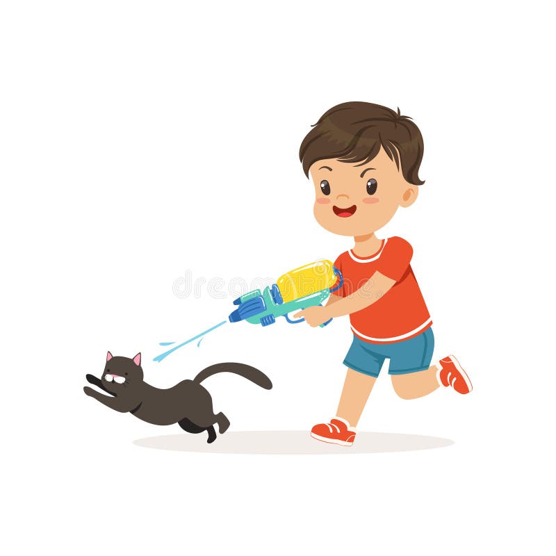 Cute bully boy pouring a black cat out of a water gun, hoodlum cheerful little kid, bad child behavior vector Illustration on a white background