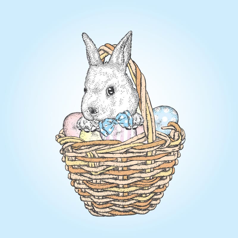 Cute Bunny In A Basket With Easter Eggs. Vector Illustration. Spring