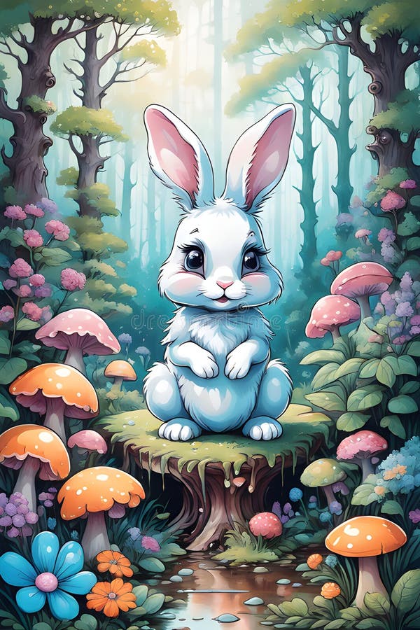 A cute bunny in a beautiful forest with fungus and flowers, tree, nature, whimsical, enchanting, fairy tale, animal, 32k stock photo