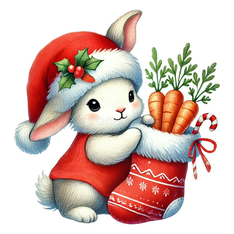 Cute bunny with Christmas hat and carrots. Cartoon illustration for Christmas royalty free illustration