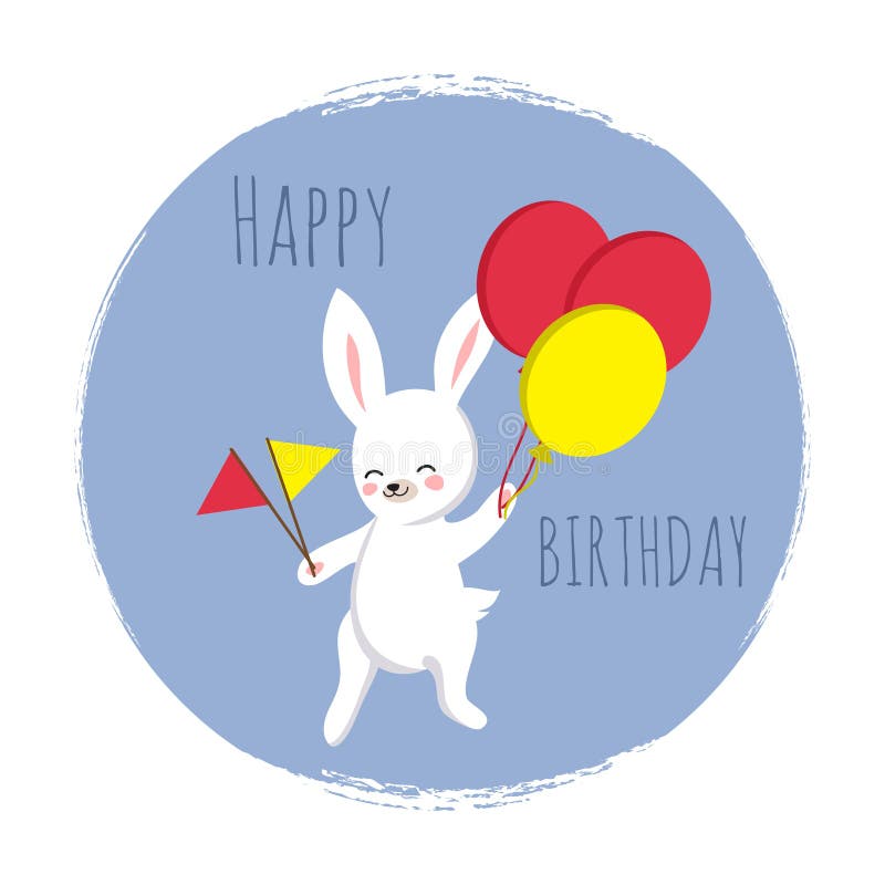 Cute bunny with flags and balloons. Happy Birthday template for cards royalty free illustration Cute bunny with flags and balloons. Happy Birthday template for cards royalty free illustration