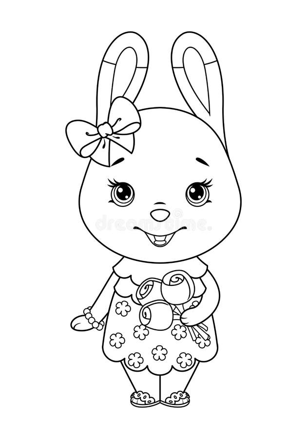 Cute Bunny Baker with Cake Coloring Page. Black and White Cartoon ...