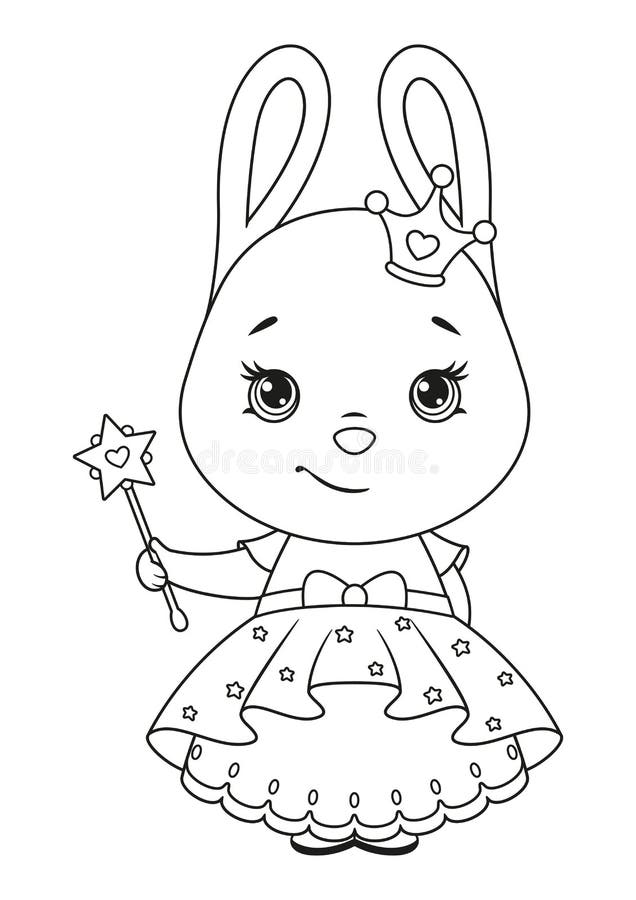 Bunny Princess with Magic Wand Coloring Page. Black and White Cartoon ...