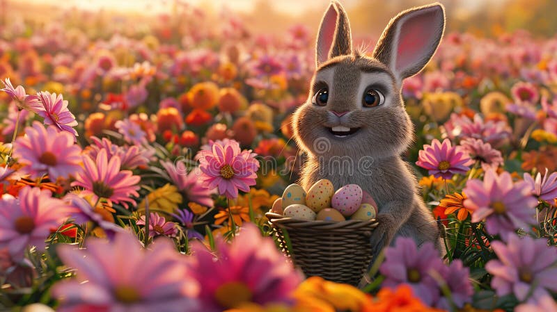 Easter Bunny in a Field of Flowers stock illustration