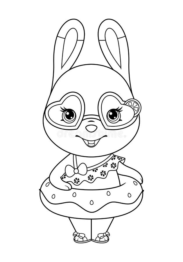 Cute Bunny Baker with Cake Coloring Page. Black and White Cartoon ...