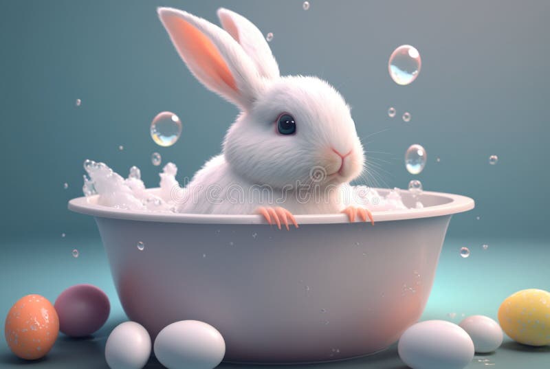 Cute Bunny Taking a Bath in a Bath with Balls. Generative Ai Stock