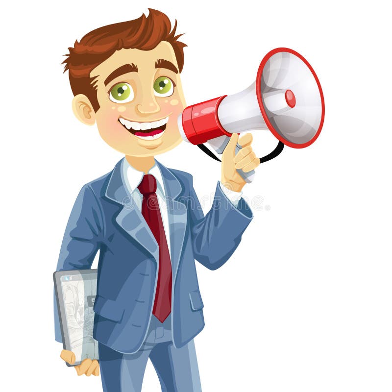 Cute businessman with electronic tablet speaks in megaphone isolated on white background vector illustration