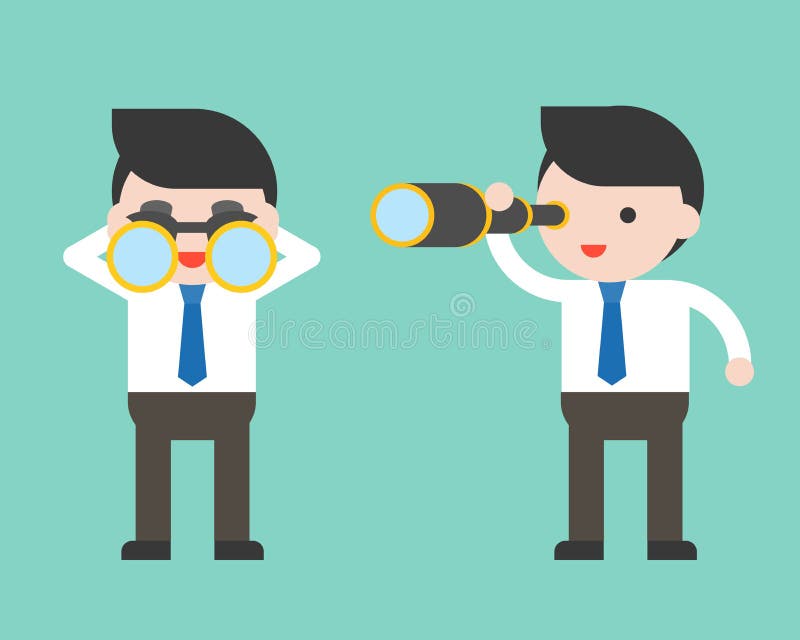 Cute Businessman or manager with binoculars and monocular scope, ready to use character