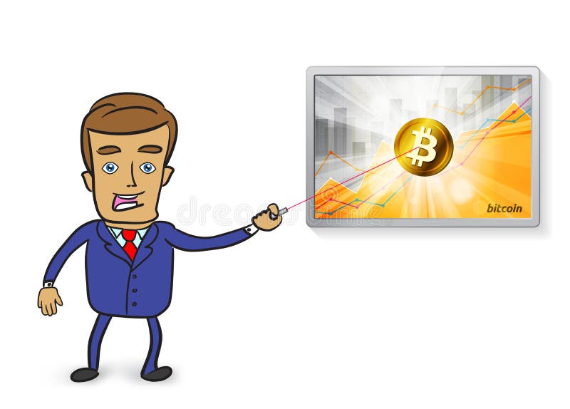 Cute businessman pointing at golden bitcoin cryptocurrency in th