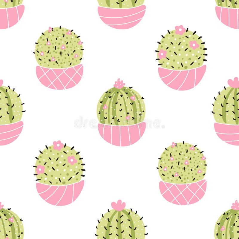 Cute cacti in pots - vector seamless pattern. Summer abstract modern cactuses isolated in background. For printing baby textiles, fabrics. Trendy hand draw scandinavian cartoon style.