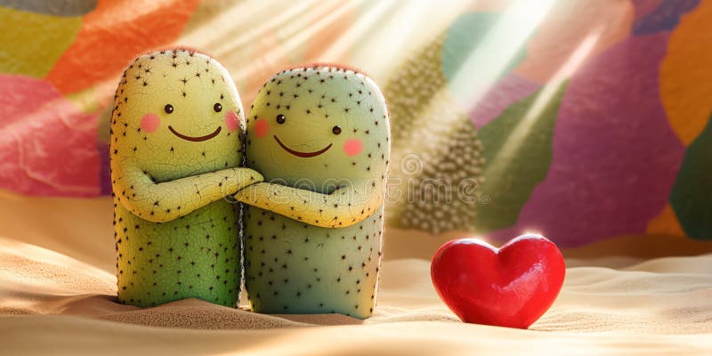 Cute cactus par älskar romantiskt rött hjärta och glad bakgrund vektor illustrationer