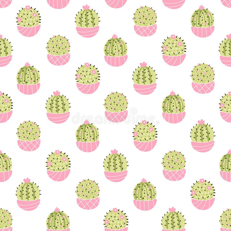 Cute cactus in pots - vector seamless pattern. Summer abstract modern cactuses isolated in background. For printing baby stock illustration
