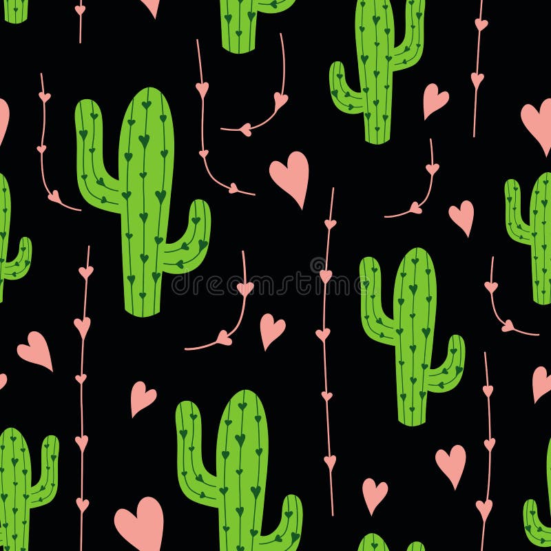 Cute cactus seamless-mönstret med rosa hjärtan på mörk svart bakgrund Mexikanska cacti-vektor stock illustrationer