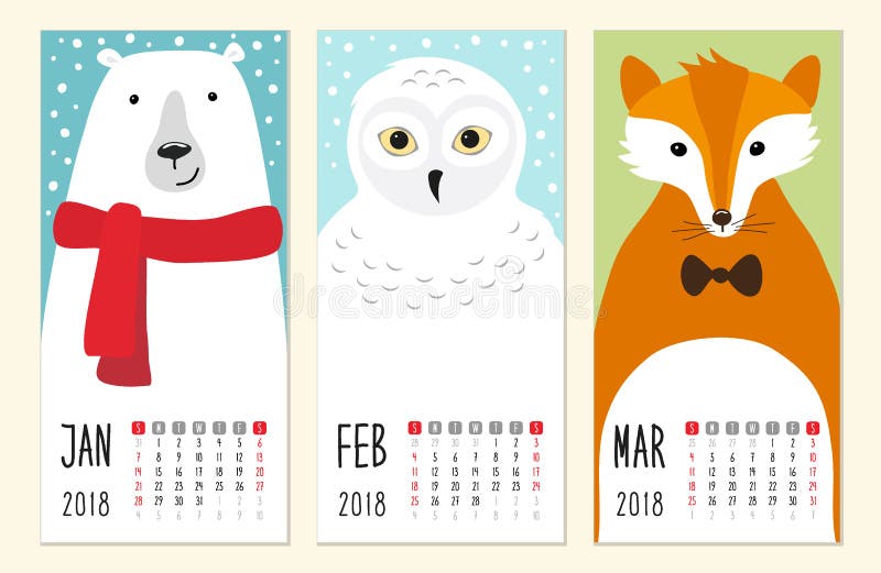 Cute 2018 calendar pages with funny cartoon animals characters royalty free illustration Cute 2018 calendar pages with funny cartoon animals characters royalty free illustration