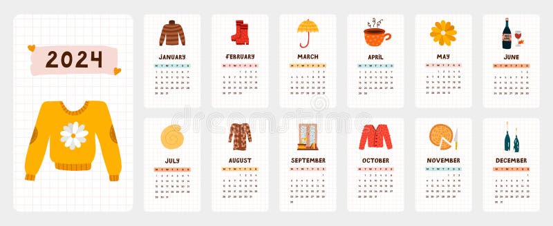 Cute Calendar Template for 2024 Year with Cozy Scandinavian ...
